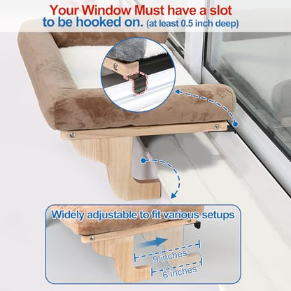 Cat Perch for Window Sill with Bolster - Orthopedic Hammock Design with Premium Hardwood & Robust Metal Frame - Cat Window Seat for Large Cats and Kittens - Natural Color Wood Gray Bed, 24''W