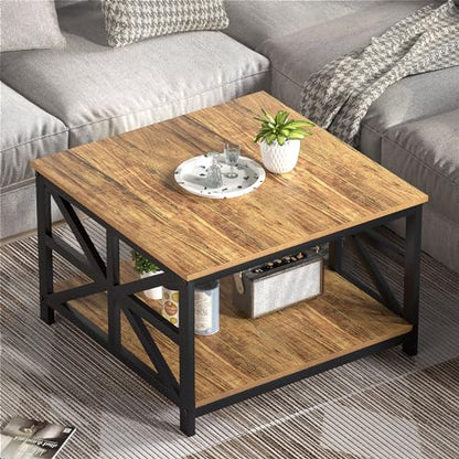 Rustic Living Room Coffee Table with 2 Tier Storage | X Metal Frame Square Center Table with Seamless One-Piece Tabletop,27.55 inch Sofa Table,Scratch-resistant,Walnut