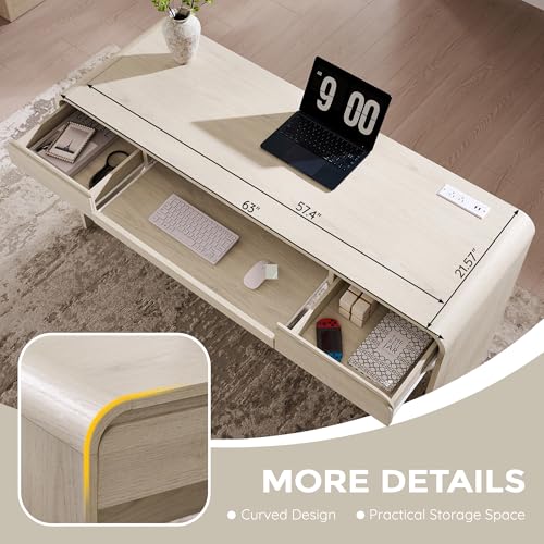 63" Modern Computer Desk with 2 Drawers, Wood Curved (Cream), view 5