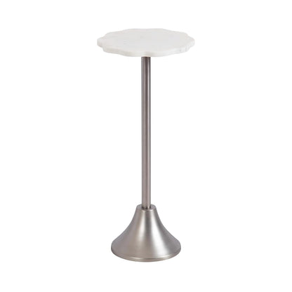 Sanzo Modern Pedestal Drink Table; 10 x 10 x 23; White Marble and Silver; Decorative End Table with Scalloped Marble Tabletop for Use as Small Plant Stand or Cute Martini Table