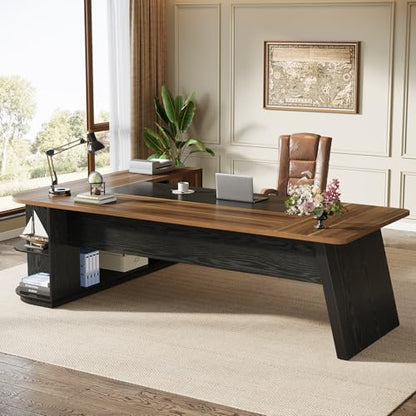 Tribesigns 79-Inch Executive Desk, Large Office Desk with Cabinet, L-Shaped Compter Desk with Storage Shelves, Writing Table for Home Office, Brown and Black