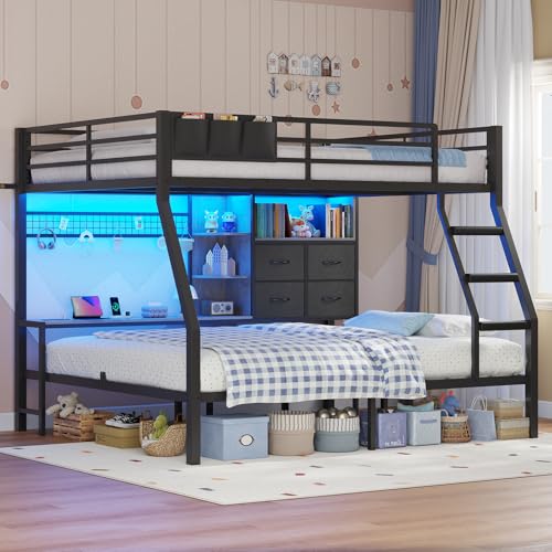 Full Over Full Bunk Beds with 4 Storage Drawers & Shelves & Bedside Caddy, Bunk Bed with Charging Station & LED Lights, Full Size Bunk Bed with Safety Guardrail & Angled Ladder, Black & Grey
