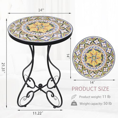 Outdoor Side Table Mosaic Patio Table Accent Tables Mosaic Tile Top Metal Frame Small End Tables Porch Beach Patio Garden Balcony Yellow