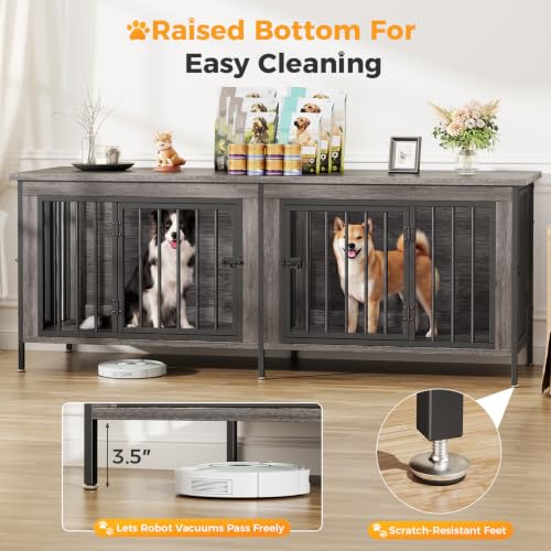 63" Double Dog Crate Furniture for 2 Dogs, Gray Wood Grain, view 5