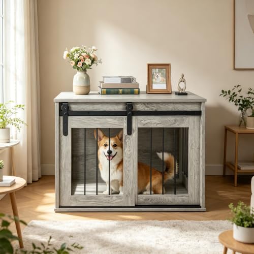 31.5" Dog Crate Furniture with Sliding Barn Door, Wooden Dog Kennel, view 2