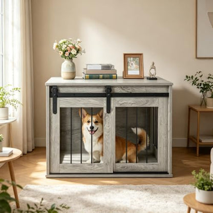 31.5" Dog Crate Furniture with Sliding Barn Door, Wooden Dog Kennel, view 2