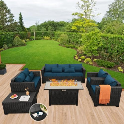 Patio Furniture Set with 45In Fire Pit 6 Pieces Outdoor Furniture Sets Patio Couch Outdoor Chairs 60000 BTU Steel Propane Fire Pit Table No-Slip Cushions and Waterproof Covers, Peacock Blue