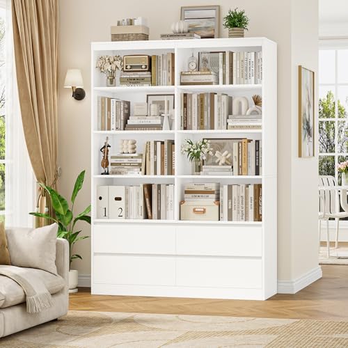 71" White Bookshelf with Drawers, 6-Tier Double Wide Bookshelves and Bookcases with Storage, Tall Bookshelf Large Open Book Shelf Standing Book Case for Home Office, White