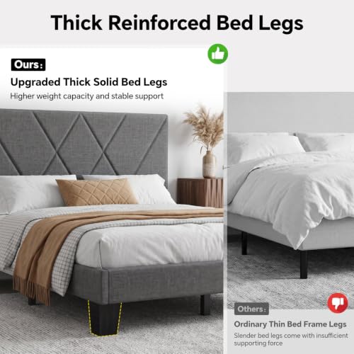 Queen Platform Bed Frame with Upholstered Headboard, Gray, view 5