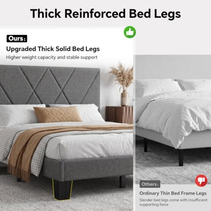 Queen Platform Bed Frame with Upholstered Headboard, Gray, view 5