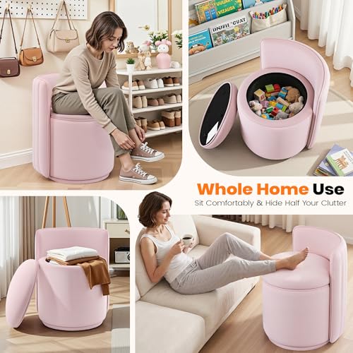 Vanity Chair with Storage, 360° Swivel Velvet Makeup Stool with Wave Backrest, Modern Round Upholstered Closet Stool, No Assembly for Bedroom, Dressing Room & Living Room, Pink