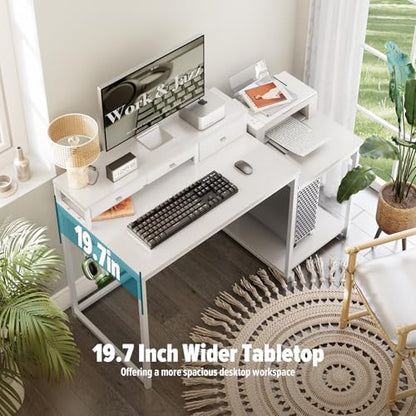 47 inch Computer Desk with Printer Shelf, Gaming Desk with Monitor Stand and Drawers, Reversible Home Office Desk with Storage Shelves and 2 Hooks, Home Workstation for Study Writing, White