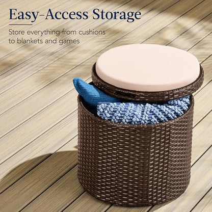 Best Choice Products Round Wicker Ottoman, Multipurpose Outdoor Furniture for Patio, Backyard, Additional Seating, Footrest, Side Table w/Storage, Removable Cushions – Brown/Beige