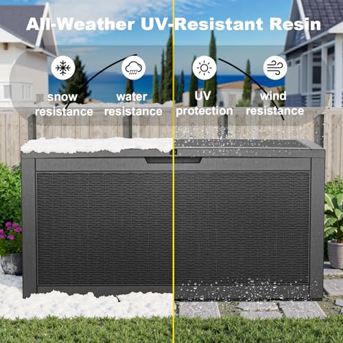 100 Gallon Resin Deck Box, Lockable Patio Outdoor Storage Box for Furniture, Garden Tools and Tools Storage, Waterproof Outside Storage Boxes - Black