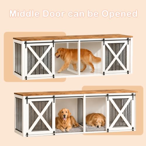 94.5in Double Dog Crate Furniture, Farmhouse Dog Kennel TV Stand, White, view 7