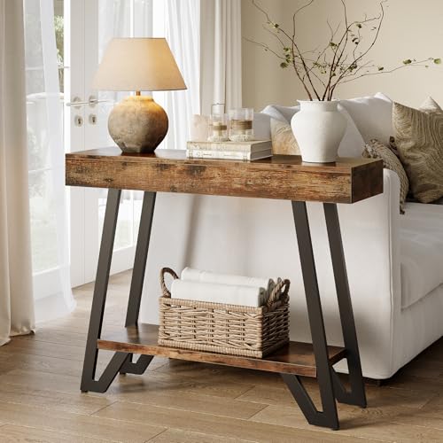 41-Inch Console Table with Geometric Metal Frame, Rustic Brown, Entryway Tables, Storage Shelves, 2-Tier, Industrial, Hallway Sofa Table, Accent Table, Living Room