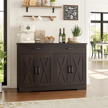 Buffet Cabinet with Storage, 47.2" Kitchen Sideboard Buffet with Drawers, Modern Farmhouse Coffee Bar Station with Shelves, Barn Doors Storage Cabinet for Living Room, Dark Brown