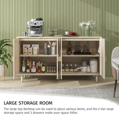 Sideboard Buffet Cabinet with Storage - Rattan 4 Door Cabinet, Accent Storage Cabinet with Cane Door, Boho Wood Credenza for Living Room, Kitchen (Beige)