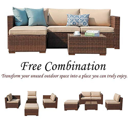 5 Piece Outdoor Patio Furniture Set, Outdoor Sectional Conversation Set, All-Weather Brown PE Wicker w/Beige Cushions, Outdoor Backyard Porch Garden Poolside Balcony Furniture Set
