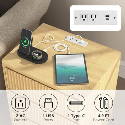 (Set of 2) End Table with Fast USB C Charging Station, Sofa Side Table with 3Drawers, Large Storage Modern Wood Storage Cabinet for Living Room,Bedroom,Office, Natura