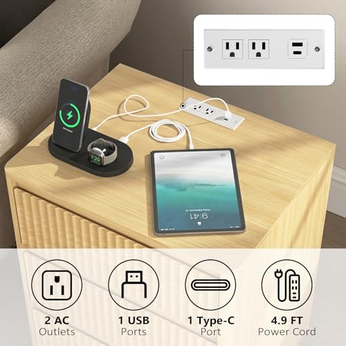 (Set of 2) End Table with Fast USB C Charging Station, Sofa Side Table with 3Drawers, Large Storage Modern Wood Storage Cabinet for Living Room,Bedroom,Office, Natura