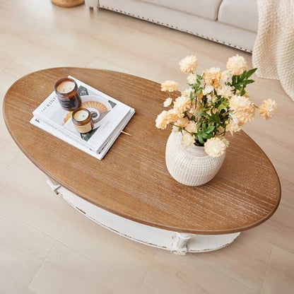 39" French Country Two Tone Oval Coffee Table,Chipped White Vintage 2 Tier Center Table with Storage for Living Room Office,Tool-Free Assembly (White)