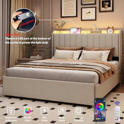 Upholstered beige bed frame with drawers and lights, easy assembly, view 6
