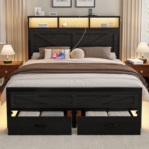 Rustic King Size Bed Frame with Storage Drawers, view 2