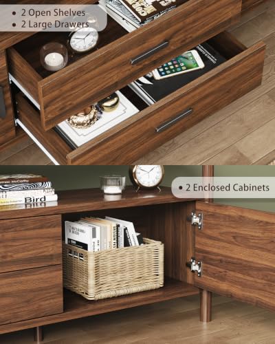 70" Long TV Stand, Mid Century Modern Entertainment Center with Open Shelves, view 6