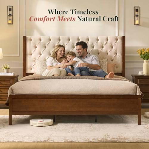 Queen Size Solid Wood Bed Frame,57" Wingback Headboard,Walnut, view 7