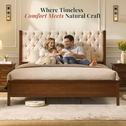 Queen Size Solid Wood Bed Frame,57" Wingback Headboard,Walnut, view 7