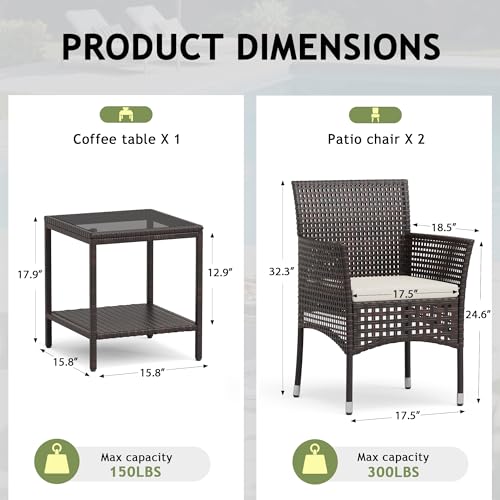 Outdoor 3 Piece Patio Furniture Set Wicker Chairs with Glass-top Coffee Table for Garden, Balcony, and Porch (Brown)