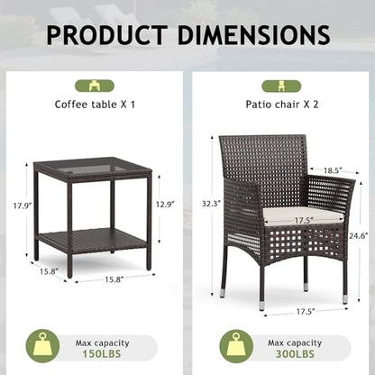 Outdoor 3 Piece Patio Furniture Set Wicker Chairs with Glass-top Coffee Table for Garden, Balcony, and Porch (Brown)