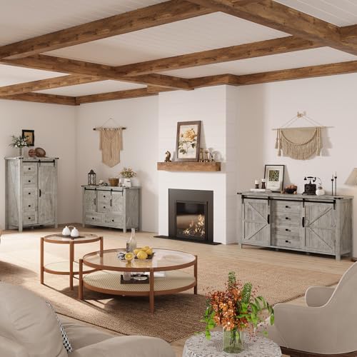 31.5'' Farmhouse Dresser with Sliding Barn Doors, 48" Rustic 5 Drawer Tall Dresser, Storage Organizer for Bedroom, Entryway, Light Rustic Oak