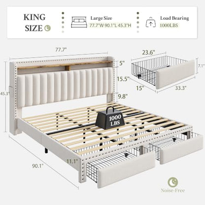 King Size Bed Frame with 2 Drawer & 2-Tier Storage Headboard Shelf, view 3