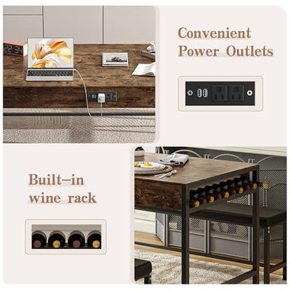 65" Dining Table Set for 4-6, 3-Piece Kitchen Set with 2 Utensil Drawers, 2 Benches & Wine Rack, Space Saving & Heavy Duty, with Metal Frame & MDF Board, Brown