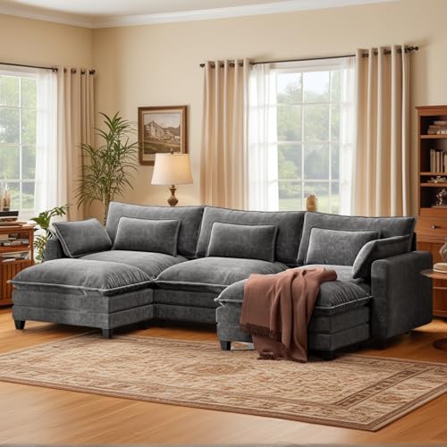 Modular Sectional Sofa 110.6" U-Shaped Modern Comfy Cloud Couch, 5-Seat Chenille Deep Seat Sofa with Throw Pillow & Movable Ottoman for Living Room, Bedroom and Apartment, Grey
