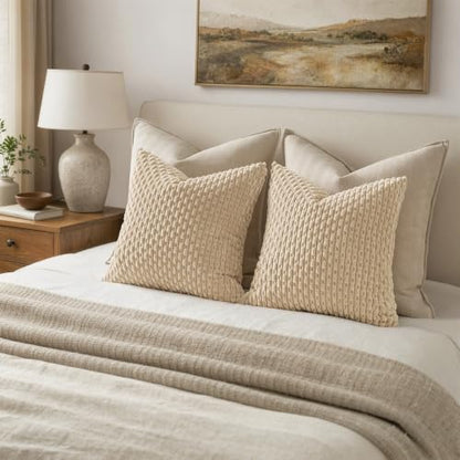 Pack of 2 Decorative Throw Pillow Covers 18x18 Inch Soft Boho Striped Textured Corduroy Pillow Covers Modern Farmhouse Home Decor for Couch Bed Sofa Living Room Beige