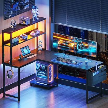 L Shaped Gaming Desk with Hutch & Power Outlet & LED Lights, view 3