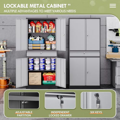 Metal Garage Storage Cabinets with Lockable Doors and Adjustable Shelves, 71" H Tool Cabinet for Home, Office, Warehouse (Black Grey)