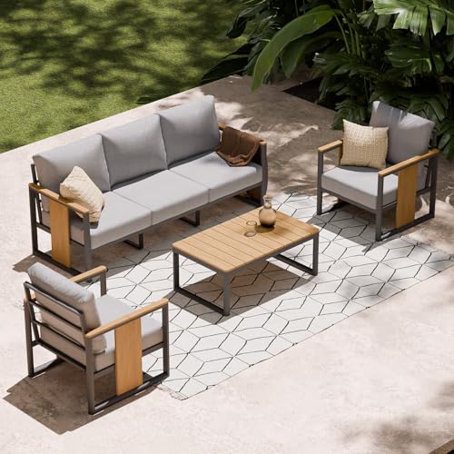Aluminum Outdoor Patio Furniture Set,4-Piece Sectional Sofa with Coffee Table,Washable Thick Cushions,Modern Patio Conversation Set for Backyard,Garden,Porch,Balcony,Deck,Gray