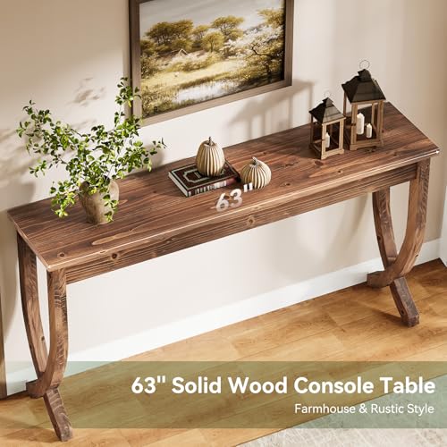 63-Inch Solid Wood Console Table for Entryway | Farmhouse Narrow Long Sofa Table with Curved Legs, Brown
