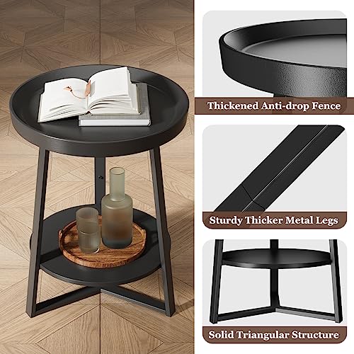 Round End Table with Storage Shelf, 2 Tier Farmhouse Side Table Nightstand for Living Room, Bedroom, Wood Tabletop & Black Metal Frame, Black 15.7 * 15.7 * 23.0inches