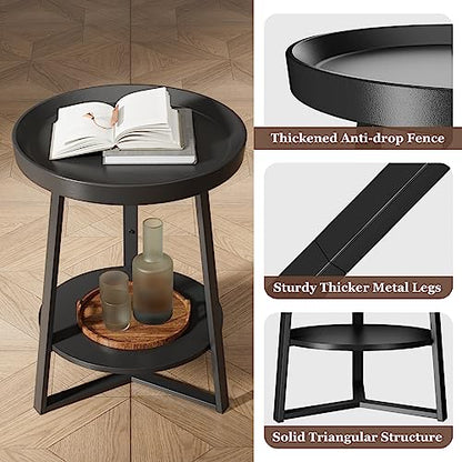 Round End Table with Storage Shelf, 2 Tier Farmhouse Side Table Nightstand for Living Room, Bedroom, Wood Tabletop & Black Metal Frame, Black 15.7 * 15.7 * 23.0inches