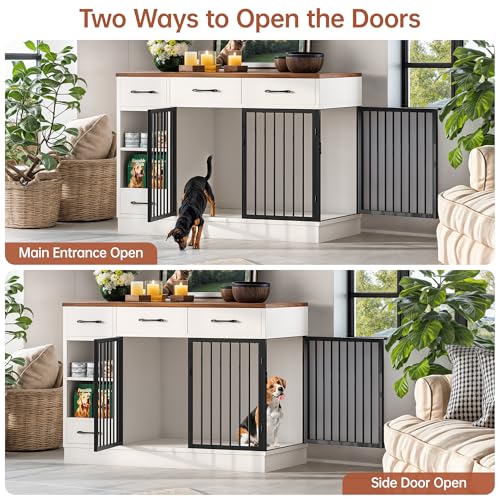 47.2" Large Dog Crate Furniture with 3 Storage Drawers & Hidden Bowl, view 7