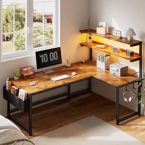 53"L Shaped Desk with Storage Shelf,Side Bag,Hook for Small Space, view 2