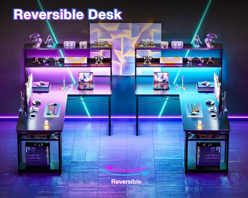 61" L Shaped Gaming Desk with Hutch & Headphone Hook, Corner Computer Table with Storage Shelves for Home Office, Black