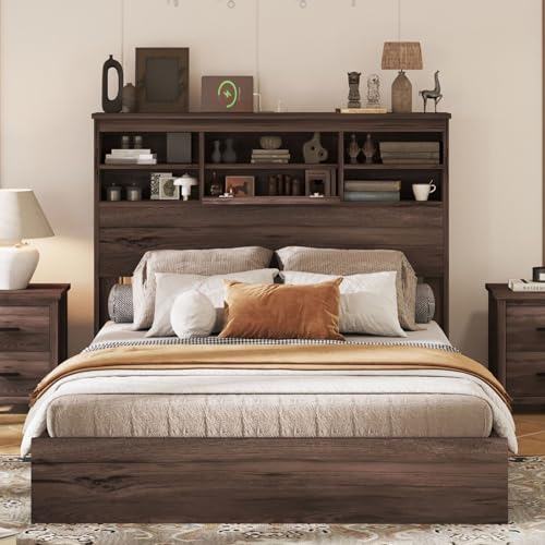 4-Pcs Queen Size Bed Frame & Dresser & 2 Night Stand Bedroom Set, Platform Bed with USB Charging Ports Storage Headboard, Cabinet Dresser with 5 Drawers, Nightstands, Wooden, Dark Walnut