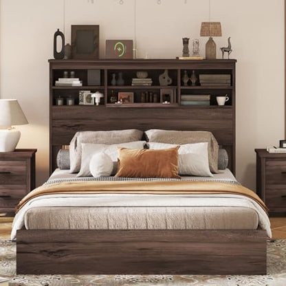 4-Pcs Queen Size Bed Frame & Dresser & 2 Night Stand Bedroom Set, Platform Bed with USB Charging Ports Storage Headboard, Cabinet Dresser with 5 Drawers, Nightstands, Wooden, Dark Walnut
