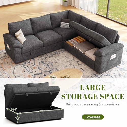 85 Inch Modular Sectional Sofa with Pull Out Bed,L Shaped 5 Seat Sectional Sleeper Sofa with Storage,Sectional Couches for Living Room,Cloud Modular Couch,Removable Sofa Cover, Dark Grey